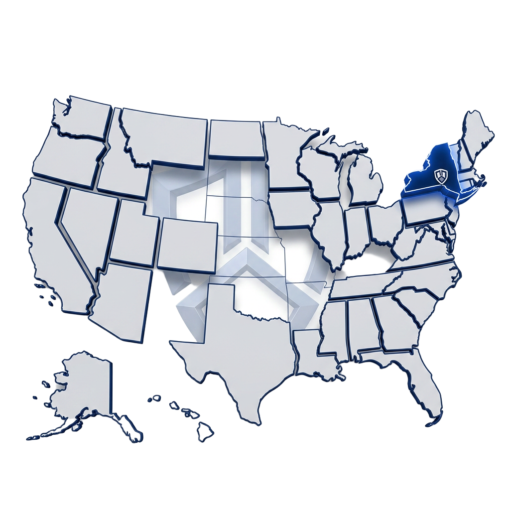 3D floating map of the United States with New York highlighted as Triple Shield's headquarters