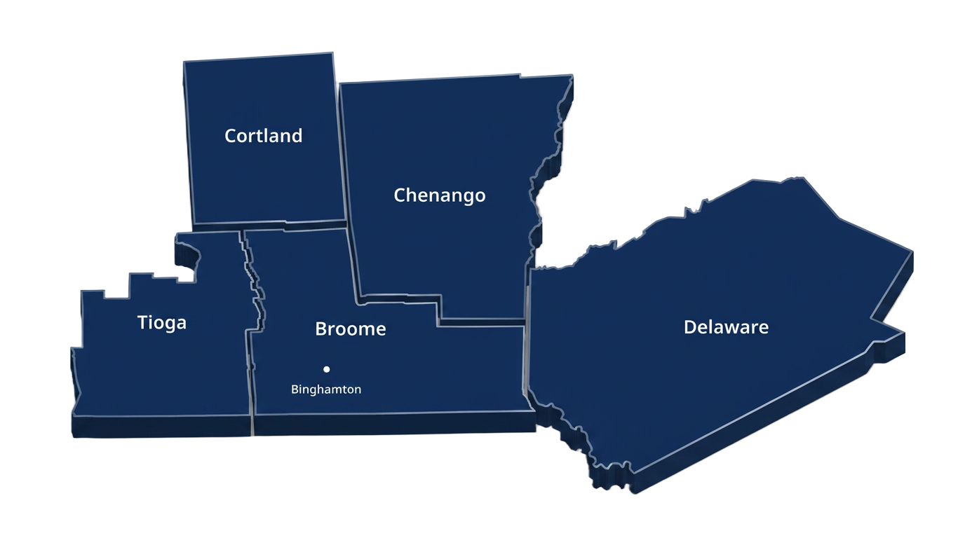 Map of Triple Shield's Southern Tier service area covering Cortland, Chenango, Broome, Tioga, and Delaware counties