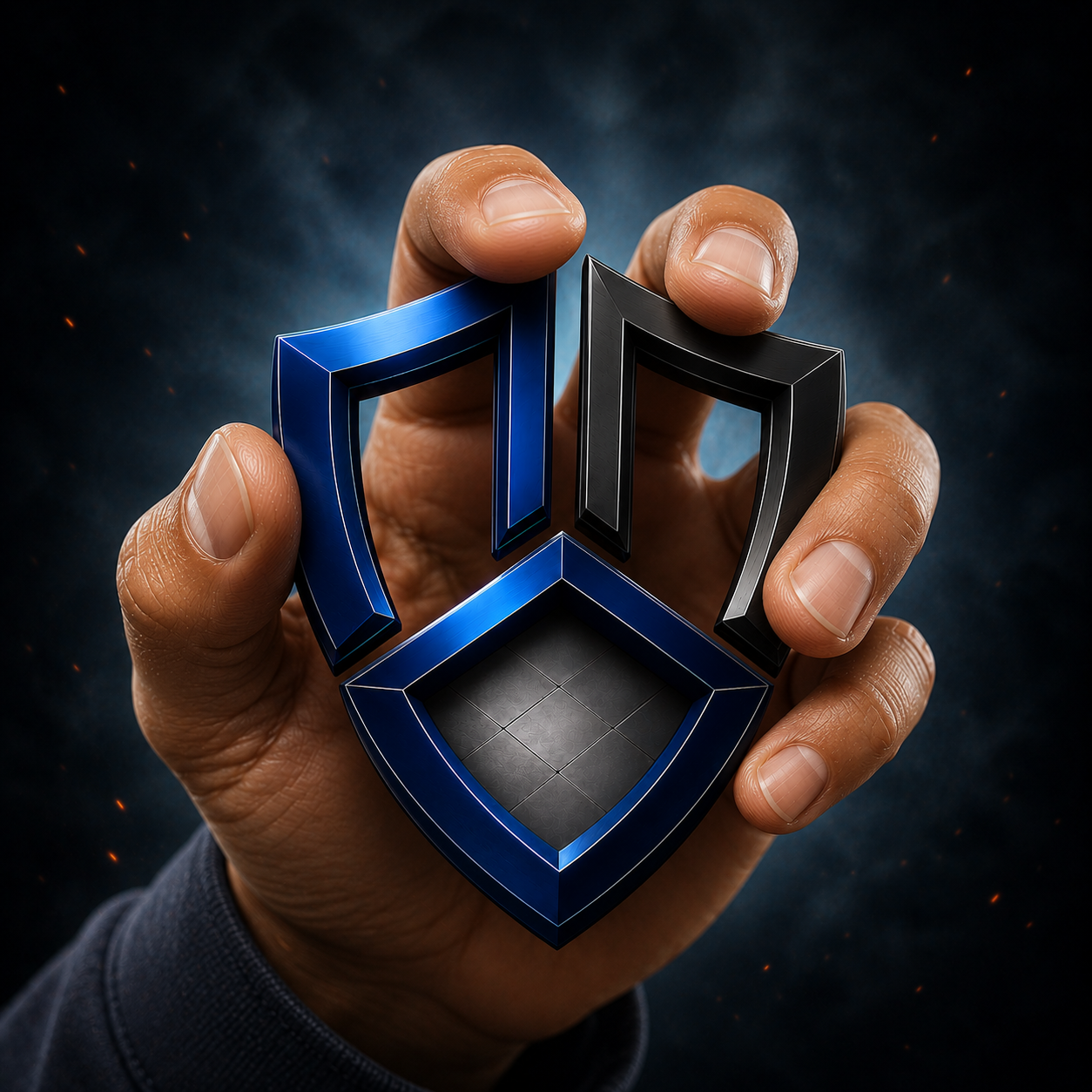 Hand holding Triple Shield emblem